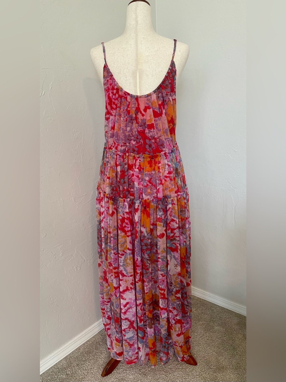 Free People Red Julianna Chiffon Maxi Dress Bohemian Summer Deep V Pockets Flowy - Picture 7 of 16